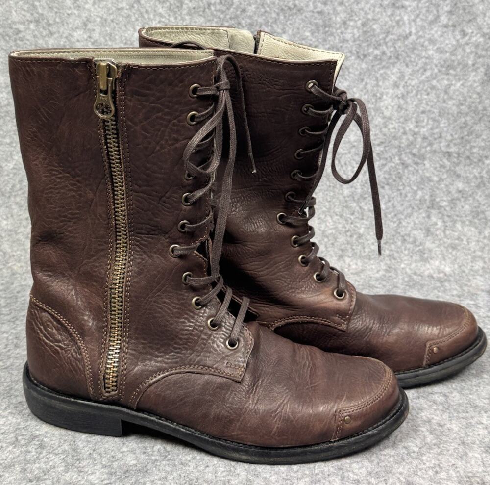 Mike & Chris Italian Brown Leather Combat Boots Lace Up Side Zip Womens 39 / 8.5